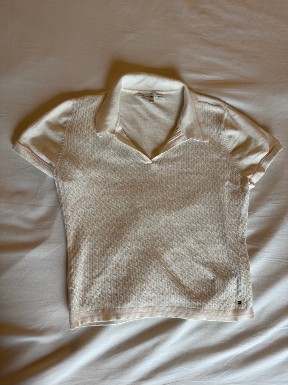 Tommy Hilfiger White Knit Polo Crop Top with Subtle Pink Trim